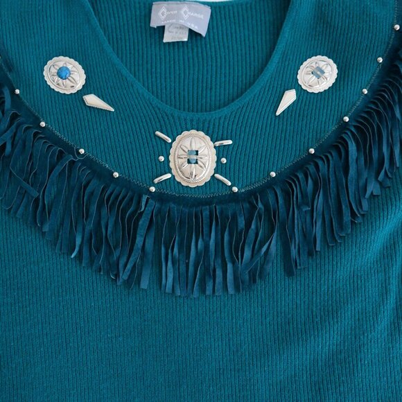 Vintage Cover Charge Teal Western Fringe Cowgirl Long Sleeve Shirt L - Picture 10 of 13